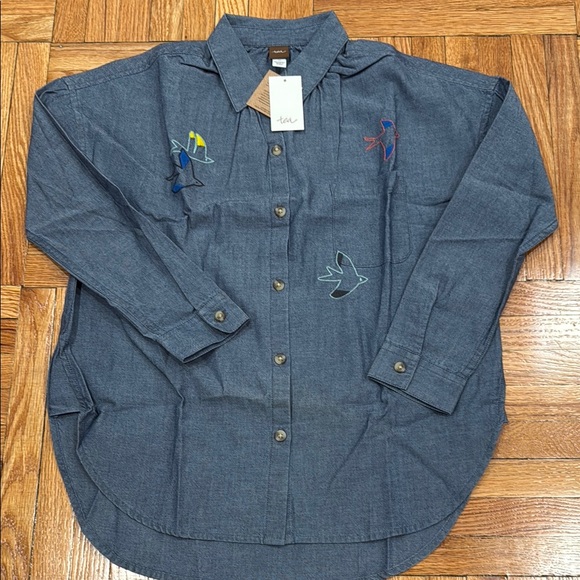 Tea Collection Girls size 10 Denim Blue Embroidered button down Shirt - Picture 1 of 9